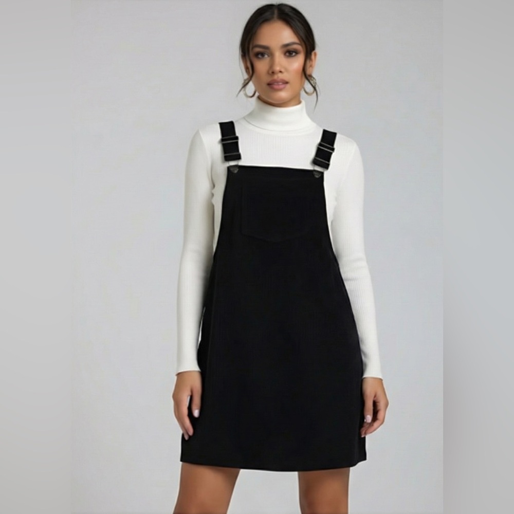Black Corduroy Front Pocket Overall Dress